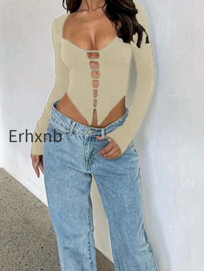 sexy-v-neck-low-cut-front-hollow-out-long-sleeve-slim-fit-solid-irregular-hem-t-shirts