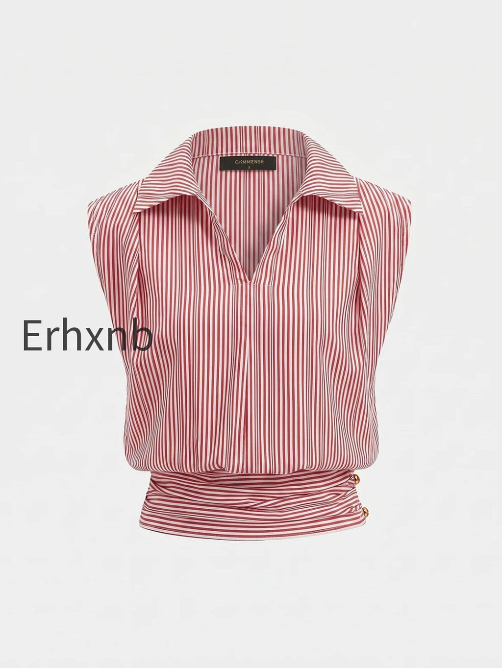 striped-collared-sleeveless-cinched-blouse