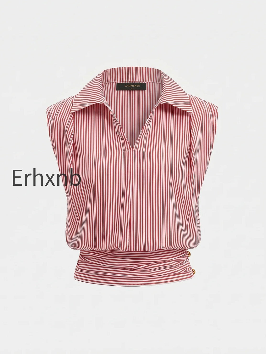 striped-collared-sleeveless-cinched-blouse