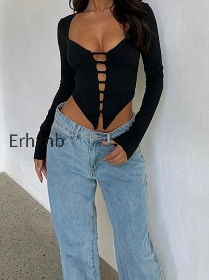 sexy-v-neck-low-cut-front-hollow-out-long-sleeve-slim-fit-solid-irregular-hem-t-shirts