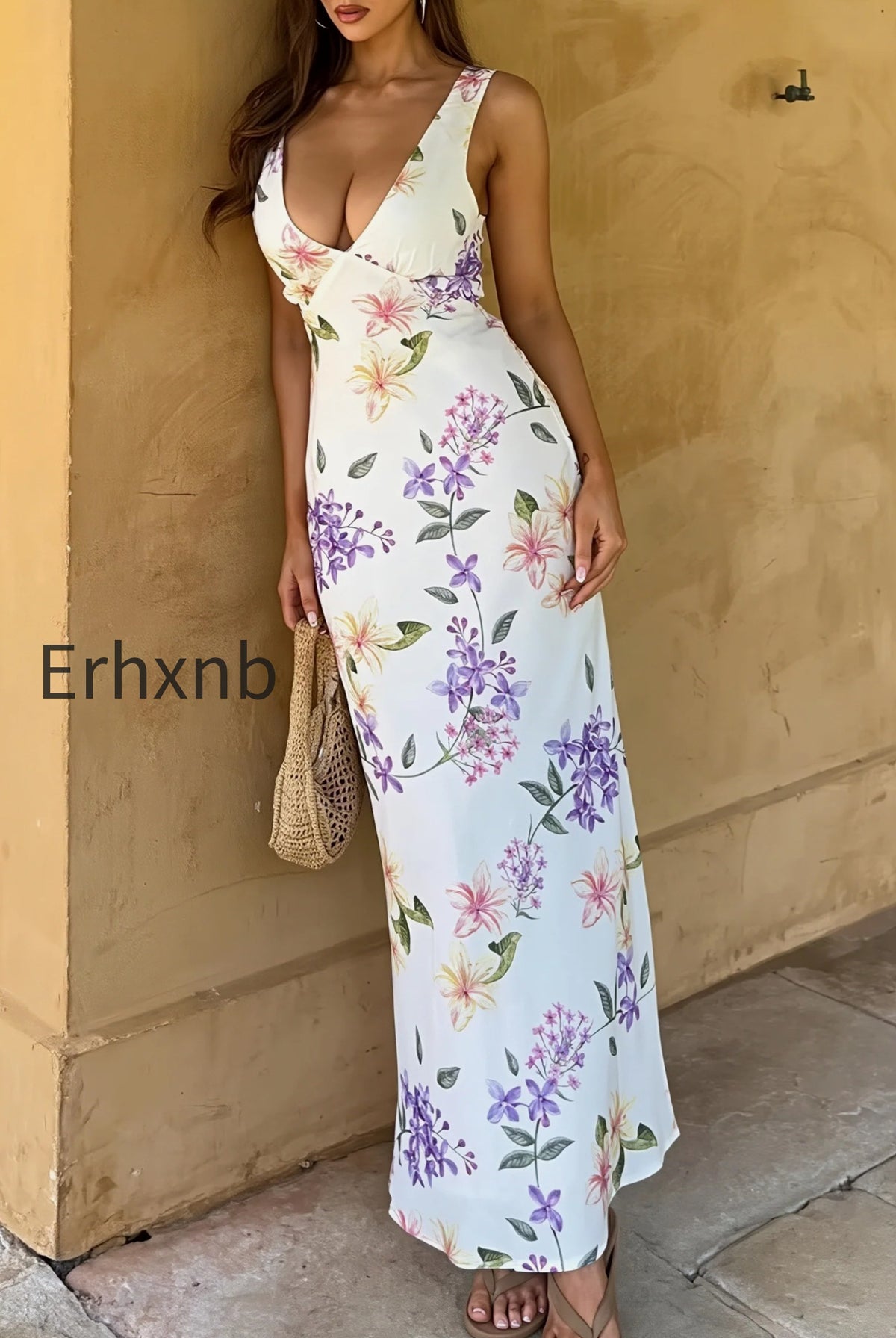 floral-printed-deep-v-bodycon-maxi-dress
