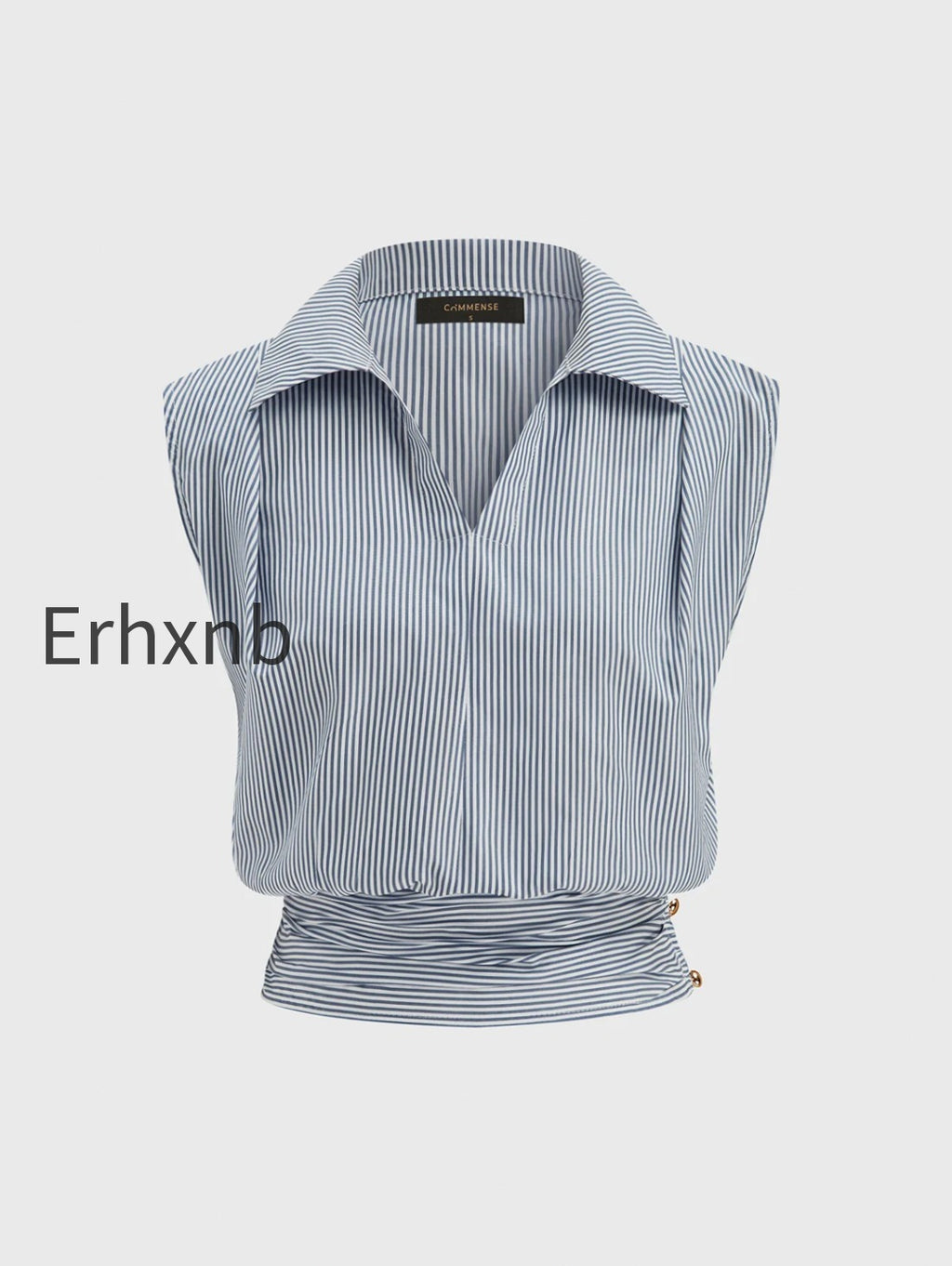 striped-collared-sleeveless-cinched-blouse