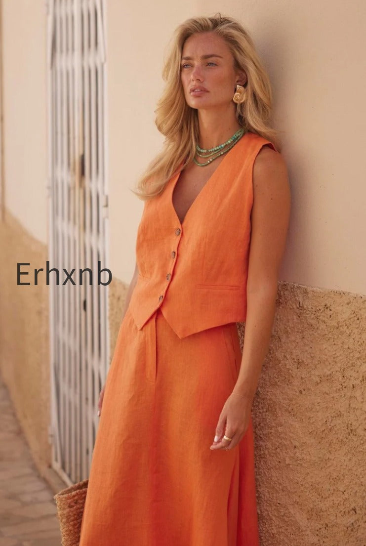cotton-linen-vest-swing-skirt-set