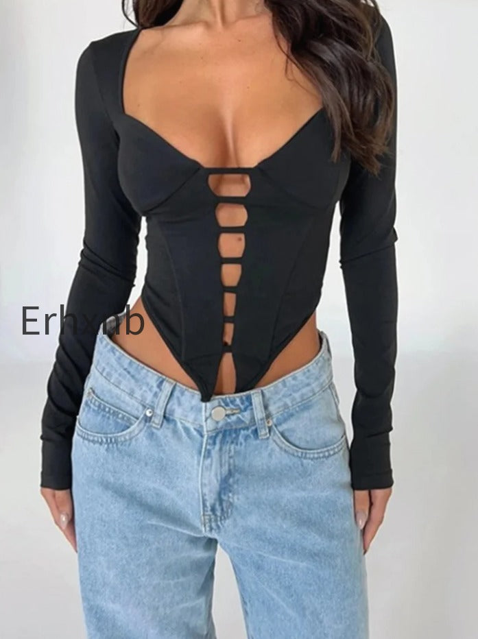 sexy-v-neck-low-cut-front-hollow-out-long-sleeve-slim-fit-solid-irregular-hem-t-shirts