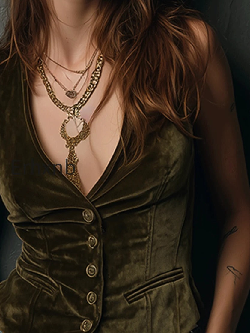 vintage-olive-green-velvet-vest