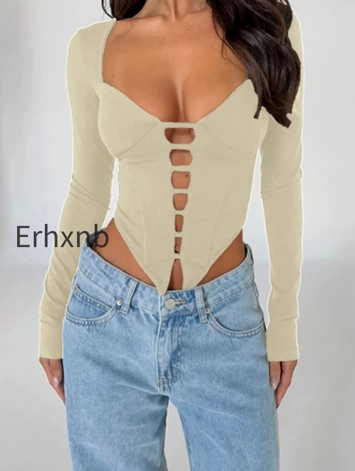 sexy-v-neck-low-cut-front-hollow-out-long-sleeve-slim-fit-solid-irregular-hem-t-shirts