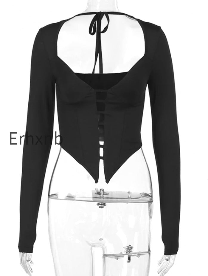 sexy-v-neck-low-cut-front-hollow-out-long-sleeve-slim-fit-solid-irregular-hem-t-shirts
