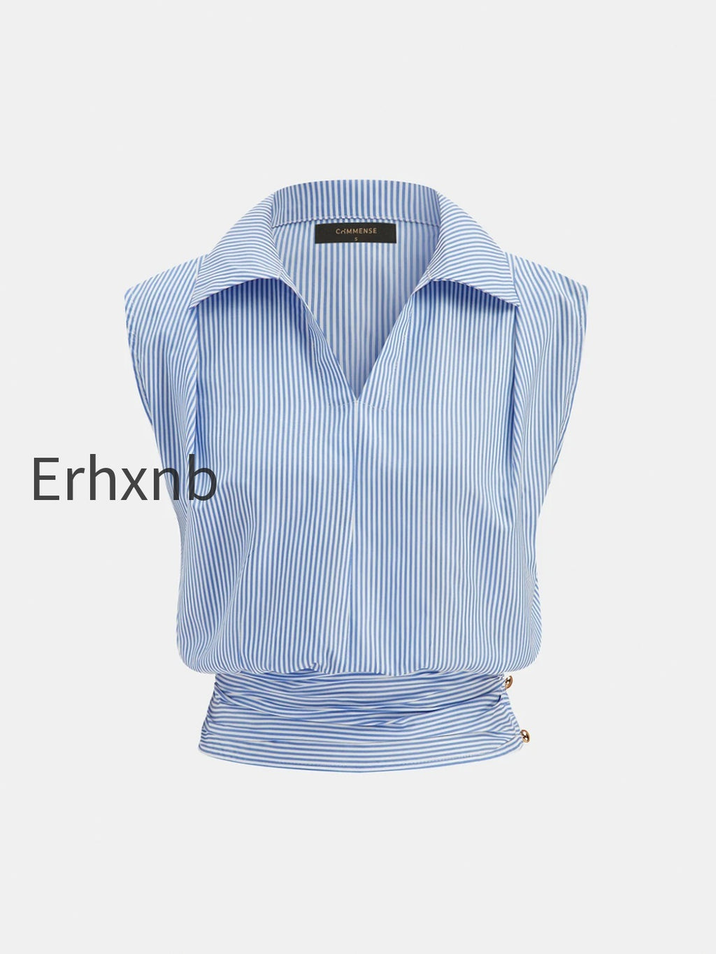 striped-collared-sleeveless-cinched-blouse