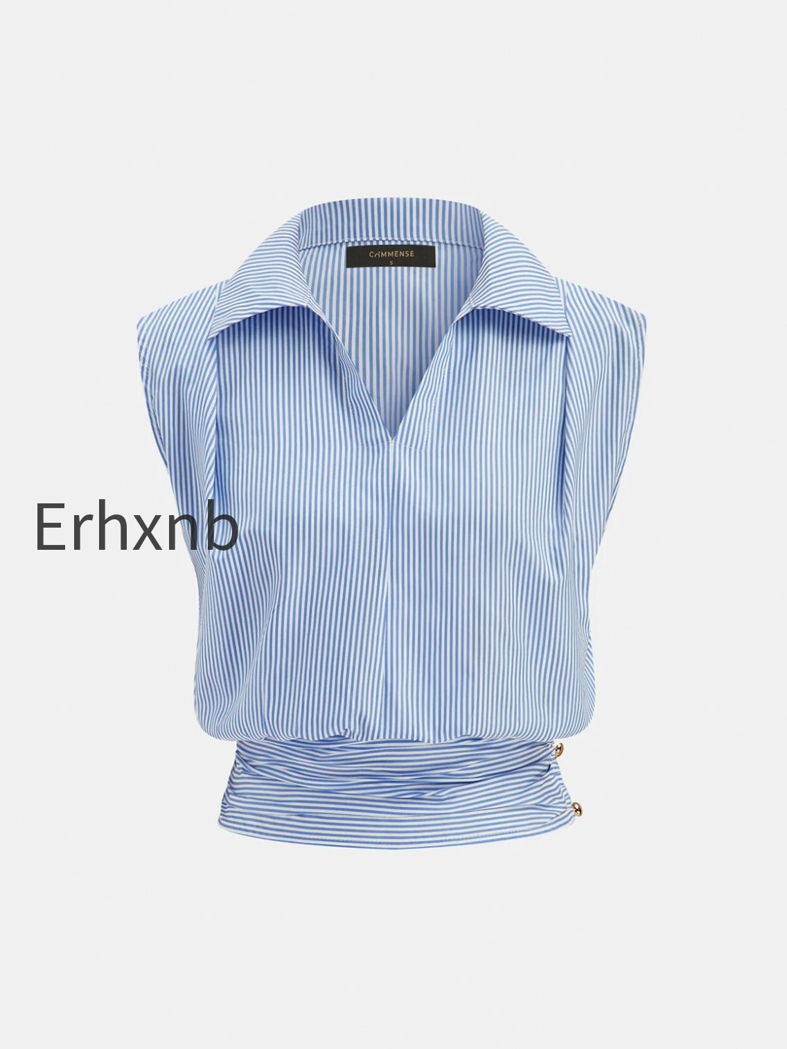 striped-collared-sleeveless-cinched-blouse