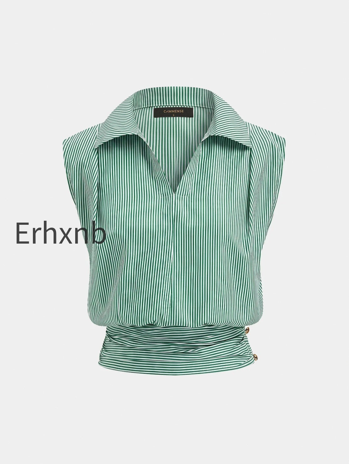 striped-collared-sleeveless-cinched-blouse