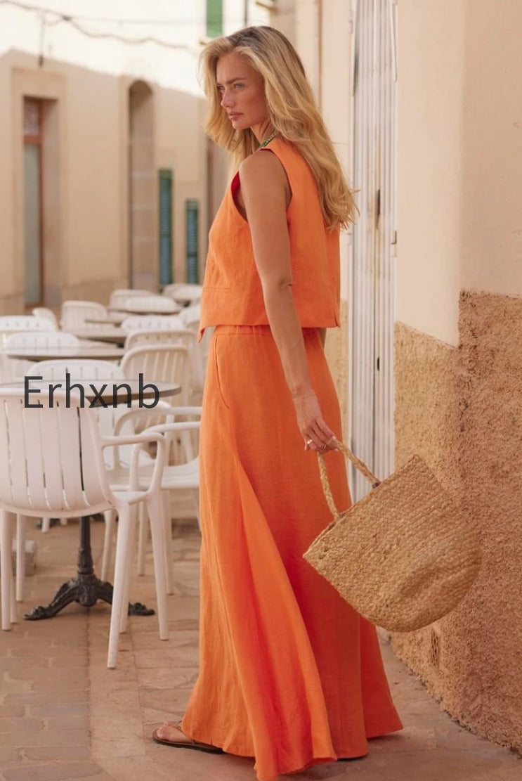 cotton-linen-vest-swing-skirt-set