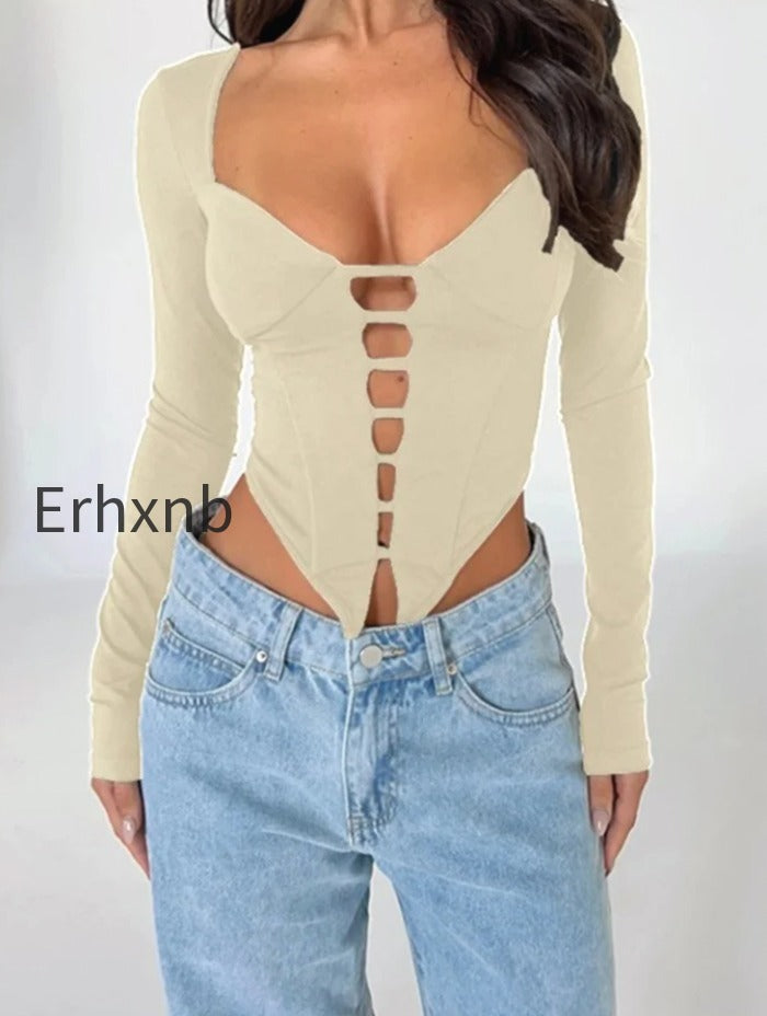 sexy-v-neck-low-cut-front-hollow-out-long-sleeve-slim-fit-solid-irregular-hem-t-shirts