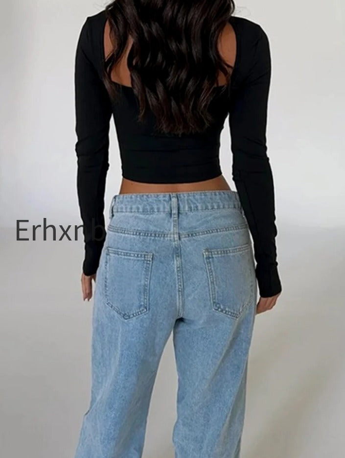 sexy-v-neck-low-cut-front-hollow-out-long-sleeve-slim-fit-solid-irregular-hem-t-shirts